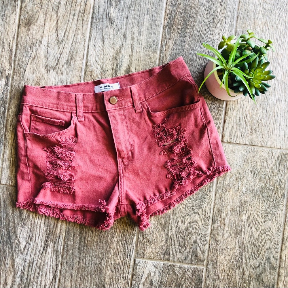 Burgundy denim cutoff shorts